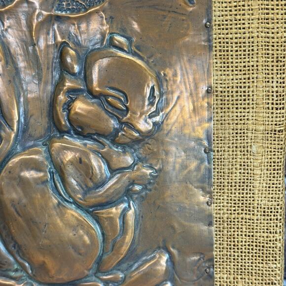 Vintage 3D Hammered Copper Art Wall Hanging Squirrel Fall Embossed Burlap Border - Picture 3 of 9